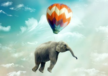 Dev fil havada süzülüyor ya da gökyüzü ve bulutların arka planında hava balonuyla uçuyor. Fantastik gerçeküstü fantazi çizimi. Özgürlük kavramı. Hayal gücü. Sürrealizm. Hayal et.