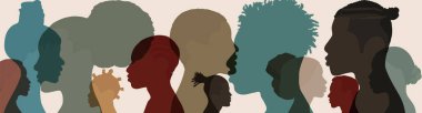 Silhouette face head in profile ethnic group of black African and African American men and women. Identity concept - racial equality and justice. Racial discrimination. Racism clipart