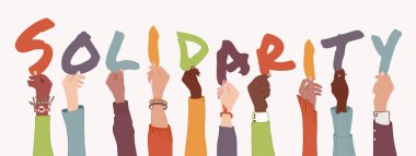 Metni oluşturan renkli mektuplar tutan çeşitli çok ırklı ve çok kültürlü insanların kollarını kaldırdı. Yardım desteği ve yardım kavramı