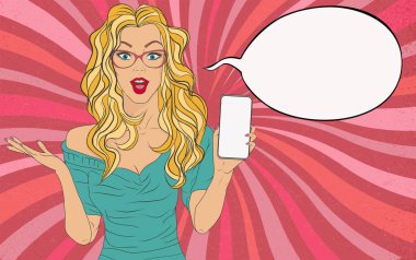 Şaşırmış, sarışın, oldukça saf bir kadın. Açık ağızlı, çizgi roman tarzında. Elinde reklam veya satış için cep telefonu var. Konuşma balonu kopyalama alanı. Eski tarz poster.