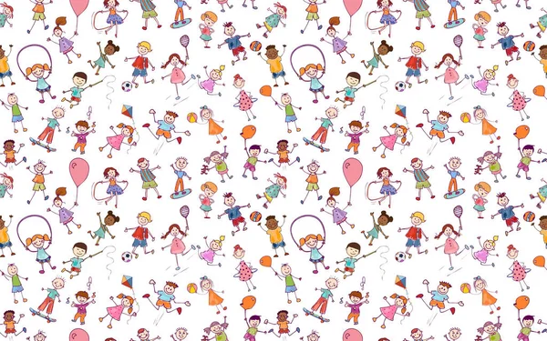 Seamless pattern active and joyful multicultural cute funny kids drawn in doodle style playing and jumping. Hand draw sketch Multiethnic kids. Kindergarten. Preschool. Nursery