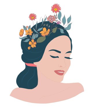 Psikoloji bilinci psikiyatri ya da zihinsel sağlık konsepti. Kafasında çiçekler olan rahat gülümseyen bir kadının izole edilmiş vektör çizim yüzü. Hayal gücü.