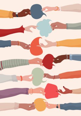 Kollar ve eller konuşma baloncuğunu tutuyor. Bir grup meslektaş ya da işbirlikçi arasındaki anlaşma ya da ilişki. Bilgi alışverişinde bulunan insanlar çeşitlilik. Fikirlerimizi paylaşma kavramı. Topluluk