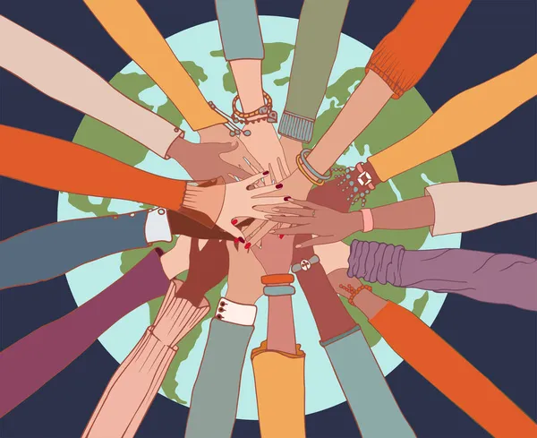 Nsanların Çeşitliliği Dünya Üzerinde Kollar Eller Birbirinin Üzerine Farklı Irk — Stok Vektör