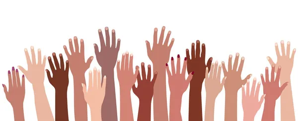 人種の平等 グループは人間の腕と手を上げ 多様性多民族 異なる文化や国の男性と女性 多文化共生の調和 — ストックベクタ