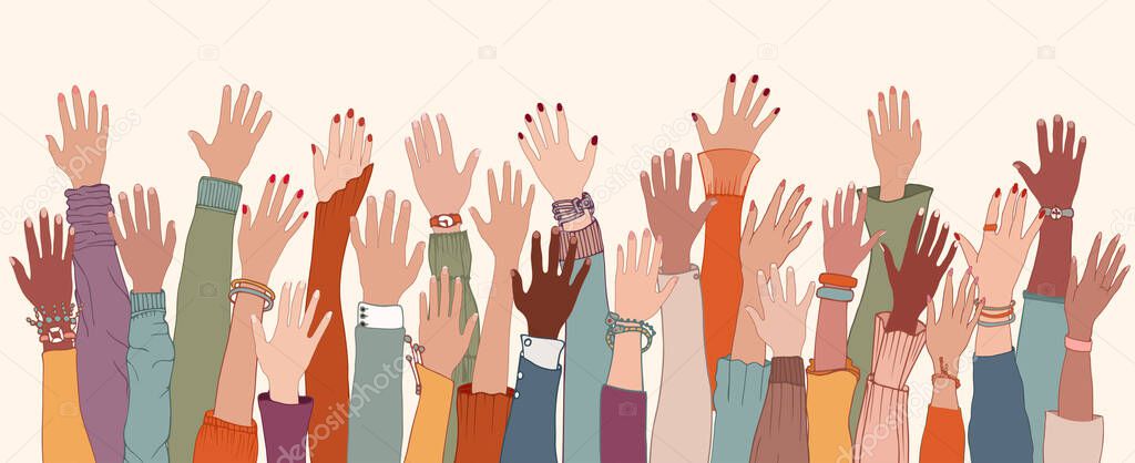 Group of diverse people with raised arms and hands.Work team.Support and assistance.People diversity. Multicultural and multiethnic community.Racial equality.Collaboration. Communication