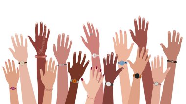 Group of hands and arms raised up of multi-ethnic and multicultural men and women with different skin color. Diversity of people. Community team. Racial equality. Multiracial people