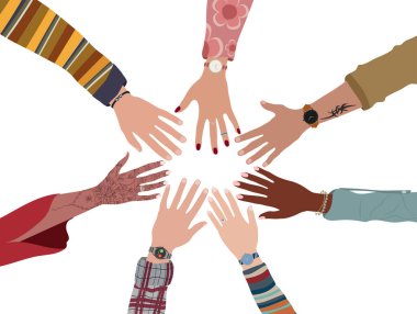 Group of hands in a circle of diverse multicultural multi-ethnic people.Team or community concept. Diversity of people in social networks.People of different race culture and ethnic group