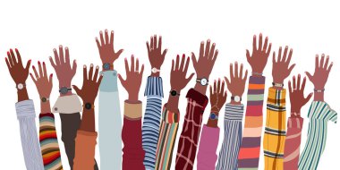Arms and hands raised up ethnic group of black African and African American men and women. Black people community. Identity concept - racial equality and justice. Racial discrimination clipart