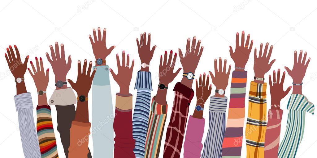 Arms and hands raised up ethnic group of black African and African American men and women. Black people community. Identity concept - racial equality and justice. Racial discrimination