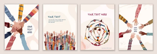 Volunteer people group concept flyer brochure poster editable template. Raised arms and hands of multiethnic people. Multicultural people holding hands. Hands in a circle. Team concept