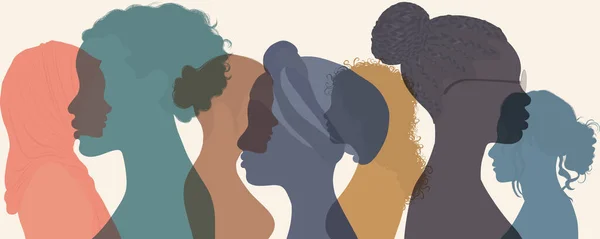 Grupo Diversidad Multicultural Mujeres Niñas Multiétnicas Perfil Silueta Principal Comunidad — Archivo Imágenes Vectoriales