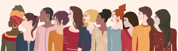 Group of diversity women and girls.Portrait silhouette profile of multicultural and multiethnic women.Female social network community.Racial equality. Allyship. Empowerment.Colleagues.Team