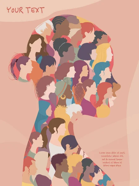 许多多元文化妇女和女孩组成了一个引人注目的女性头像群体 社会网络中的女性群体 种族平等 Allyship 增强权能 — 图库矢量图片