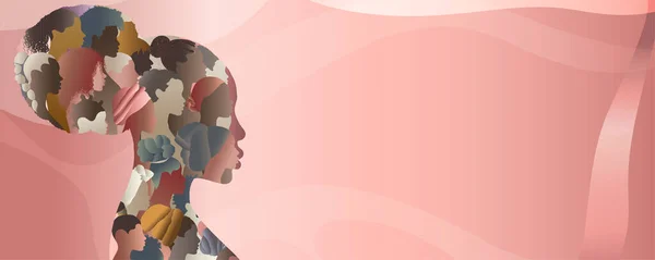 Bir çok Afro-Amerikalı veya Afrikalı kadın ve kız çocuğunun siluet grubunun profili profilde bir kadın kafası oluşturuyor. Kadın sosyal ağ topluluğu. Irksal eşitlik. Müttefik. Güçlendirme. Pankart