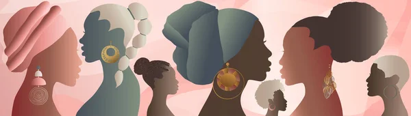 アフリカ系アメリカ人やアフリカ人の女性や女の子のプロフィールシルエットグループ 黒人女性の頭と顔 女性社会人 人種の平等 味方だ エンパワメント — ストックベクタ