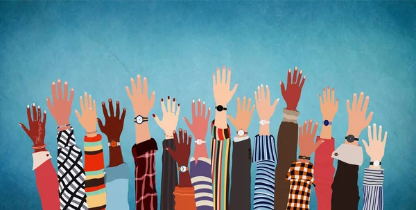 Ομάδα Ύψωσε Ανθρώπινα Χέρια Και Χέρια Φυλετική Ισότητα Άνδρες Και — Φωτογραφία Αρχείου