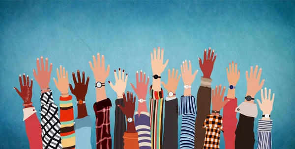 Groupe Levé Les Bras Les Mains Humaines Diversité Personnes Multiethniques — Photo