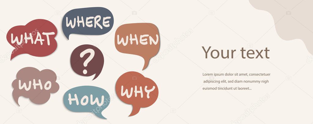 Colorful speech bubble with text Who What Where When Why How and question mark. Investigate analyze and solve various questions. Problem solving or brainstorming concept. Banner copy space