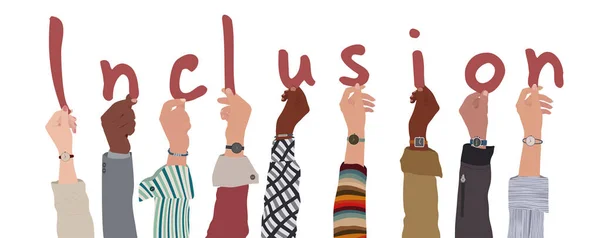 Grupa Uniesionych Ramion Wielokulturowych Mężczyzn Kobiet Trzymających Ręku Listy Tworzące — Wektor stockowy