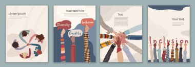 Çeşitlilik ve eşitlik kavramı. Bir grup çok kültürlü kadın ve erkek. Farklı kültürlerden insanlar bir çember oluşturuyorlar. Düzenlenebilir broşür broşür broşür kapağı posteri. Eller yukarı.