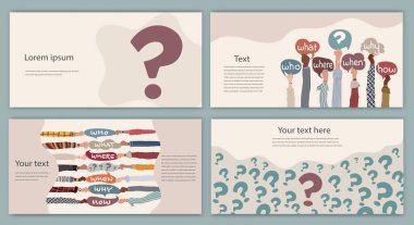 İnsanları elinde konuşma baloncuğuyla kim nerede, ne zaman, nasıl diye sorar ve soru işareti bırakır. Araştırın ve soruları çözün. Düzenlenebilir web sayfası şablonu web afişi kapağı poster