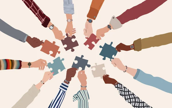 Group Multicultural Business People Arms Hands Circle Holding Piece Jigsaw — Stock Vector