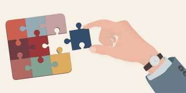 Hand of businessman holding a piece of jigsaw to complete a puzzle. Human resources concept. Job occupation and employment. Employee recruitment. Candidate. Administrator of manpower