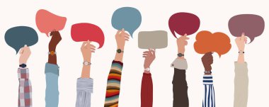 İnsan kaynakları konsepti. Renkli konuşma balonu tutan çok kültürlü iş adamlarının elleri havada. İş ve istihdam. Personel alımı için. Aday