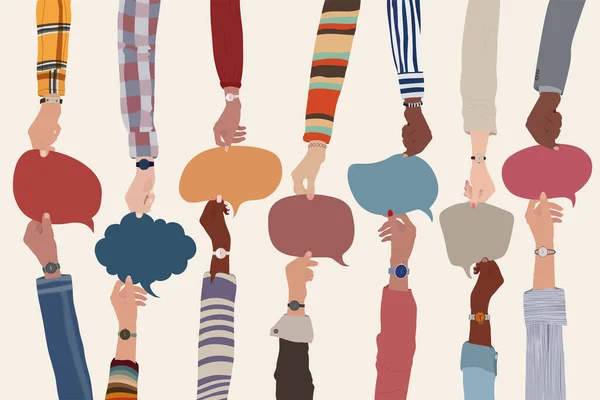 情報を交換する多様性情報を交換する人々腕と手が泡立つスピーチを行うコミュニティ分かち合いと交流の概念 — ストックベクタ