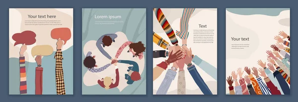 Gönüllü insanlar broşür broşürü posterini düzenleyebilir. Ellerinizi kaldırın ve çok ırklı insanları kaldırın. Elleri birbirinin üstünde olan çok kültürlü insanlar.