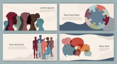 Çeşitlilik ve eşitlik kavramı. Çok kültürlü ve çok ırklı kadın ve erkekler grubu. Çeşitli kültürlerden siluet insanlar. Düzenlenebilir pankart broşür kapağı afişi