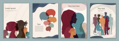 Siluet grubu farklı kültürlerden çok kültürlü erkekler ve kadınlar. Çeşitlilik insanlar. Irksal eşitlik ve ırkçılık karşıtlığı kavramı. Posteri hazırla. Gizli şablon. Broşür kopyalama alanı