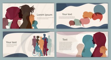 Siluet grubu farklı kültürlerden çok kültürlü erkekler ve kadınlar. Çeşitlilik insanlar. Irksal eşitlik ve ırkçılık karşıtlığı kavramı. Pankart. Posteri hazırla. Gizli şablon. Broşür kopyalama alanı. Takım