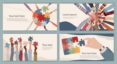 Group of multicultural business people holding a piece of jigsaw.Colleagues of diverse ethnic groups and cultures. Cooperate - collaborate. Concept of teamwork. Banner - Poster - template