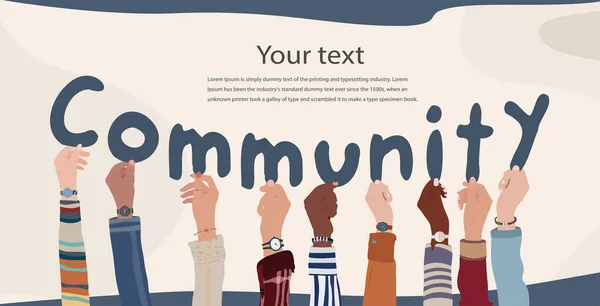 Group Diverse Multicultural People Hands Holding Letters Forming Text Community — 스톡 벡터