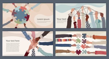 Group of multicultural business people holding a piece of jigsaw.Colleagues of diverse ethnic groups and cultures. Cooperate - collaborate. Teamwork concept. Banner - Template - Poster