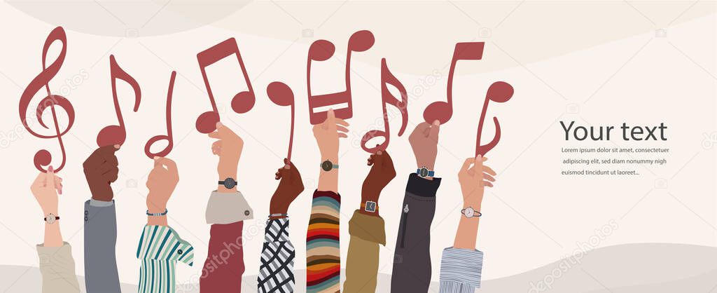 Hands up group of people of diverse culture or friends holding musical notes. Community of fans musicians collaborators who share or exchange music on social media. Music forum. Banner