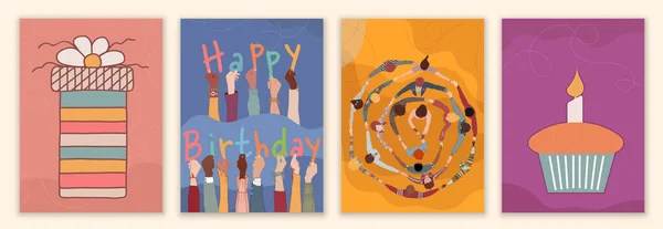 Tarjeta Felicitación Color Brillante Pancarta Conjunto Páginas Con Personas Círculo — Archivo Imágenes Vectoriales