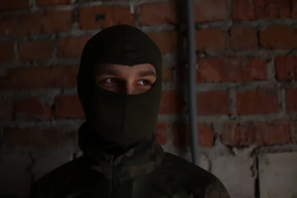 Soldat Mask Mans Ögon Armén Ukrainas Militär Ammunition Och Taktiska — Stockfoto
