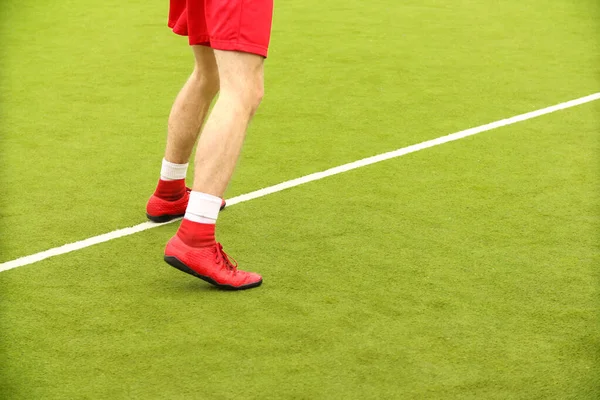 Players Play Mini Football Field Legs Sneakers Ball Green Football — Fotografia de Stock