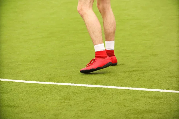 Players Play Mini Football Field Legs Sneakers Ball Green Football — Foto de Stock