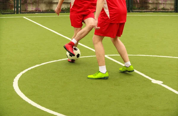 Players Play Mini Football Field Legs Sneakers Ball Green Football — Stock Photo, Image