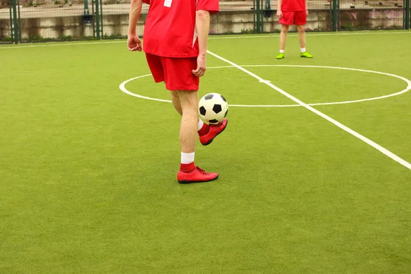 Players Play Mini Football Field Legs Sneakers Ball Green Football — стоковое фото