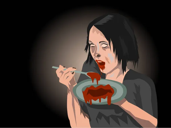 Nikczemna Kobieta Używa Łyżki Jedzenia Krwi Talerzu Czarnym Tłem — Wektor stockowy