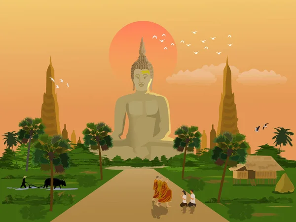 Bir Budist keşiş, ibadet eden kadın ve erkeklerle yolda yürüyor. Çiftçiler tarlaları buffalolarla sürüyorlar pagoda ile ve arka planda sabah gökyüzü.