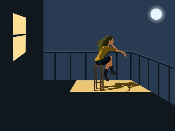 Жінка Сидить Балконі Дивлячись Місяць Світло Сяє Задніх Вікон — стоковий вектор