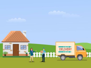 Erkek teslimatçı kadın müşterilere mal getiriyor. Arka planda dağlar ve gökyüzü var.