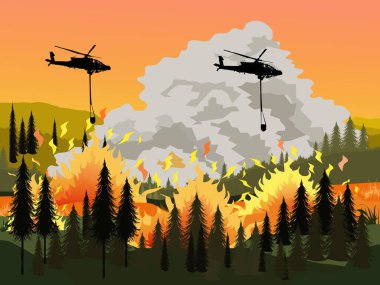 Helicopters are operating to extinguish a burning forest fire with mountains and orange skies in the background.