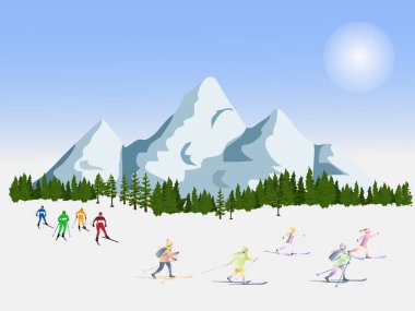 Group of people skiing on snowy slopes with pine forest and mountains in the background.